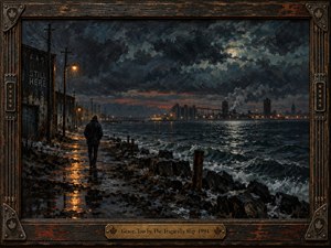 A solitary figure walks a rain-darkened industrial shoreline beneath turbulent moonlit clouds, with choppy water, distant factories, and amber lights reflecting across wet pavement. Deep blues, charcoal grays, rust tones, and warm highlights create a brooding mood. Textured oil brushwork and a weathered musical frame intensify the nocturnal atmosphere.