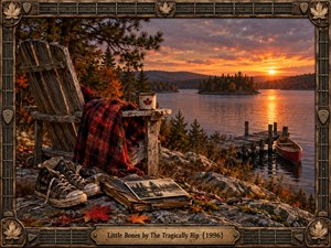 A weathered lakeside chair, plaid blanket, enamel mug, worn sneakers, and old journal overlook a calm autumn lake at sunset. Warm orange light reflects across the water toward a rustic dock and canoe. Forested islands, fiery foliage, and an ornate guitar-inspired frame create a nostalgic, cinematic atmosphere.