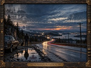 A solitary traveler and dog overlook a rain-darkened highway winding through rugged forests, lakes, and distant town lights at dusk. Cool blue-gray clouds contrast with amber sunset and glowing traffic trails, while ghosted memories drift across the sky. Cinematic analog textures, reflections, weathered framing, and brass details create a wistful, enduring atmosphere.
