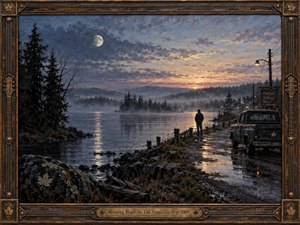 A solitary figure stands beside a misty lakeshore road at dawn, facing glowing water beneath a pale morning moon. A weathered pickup, distant village lights, dark evergreens, and reflective puddles deepen the quiet, nostalgic mood. Painterly blues, amber light, and textured brushwork are enclosed by an ornate rustic metal frame.
