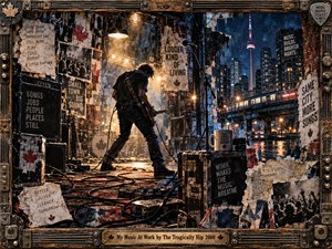 A shadowed guitarist performs in a gritty Toronto rehearsal space merging with a rain-lit city skyline. Torn posters, cables, amplifiers, handwritten scraps, and road cases create a dense mixed-media collage. Deep blues, rust, charcoal, and warm amber light build a restless, industrial mood within a distressed musical frame.