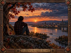 A solitary figure sits beside a weathered guitar on a rocky autumn overlook, watching a river city glow beneath a fiery sunset. Deep oranges, crimson leaves, and cool blue shadows create a reflective, nostalgic mood. Painterly realism, dramatic clouds, distant architecture, and an ornate musical frame enrich the scene.