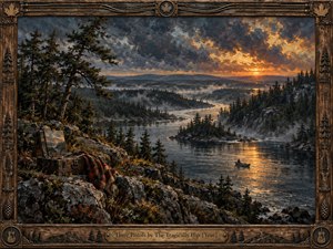 A rugged Canadian wilderness unfolds beneath storm-darkened skies, with pine forests, rocky cliffs, and a winding river glowing under fiery sunset light. A lone canoe drifts through mist while a weathered paint box and blanket rest on the shore. Rich oil textures and carved wood framing create a haunting, nostalgic atmosphere.