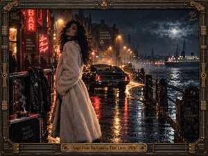 A mysterious woman in an ivory coat stands beside a rain-soaked Dublin harbor, framed by glowing neon bars, a vintage car, and stormy moonlit water. Crimson and amber reflections streak the pavement beneath brooding blue skies. Cinematic 1970s film styling and an ornate guitar-inspired brass frame heighten the dangerous romance.