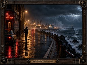 A solitary figure walks a rain-soaked harbor road beneath turbulent storm clouds. Amber streetlights and crimson neon reflect across glistening pavement, contrasting with cold blue waves and distant industrial silhouettes. Cinematic photographic realism captures melancholy, isolation, and uncertainty. An ornate guitar-inspired wooden frame surrounds the atmospheric scene, featuring an engraved brass title plate.