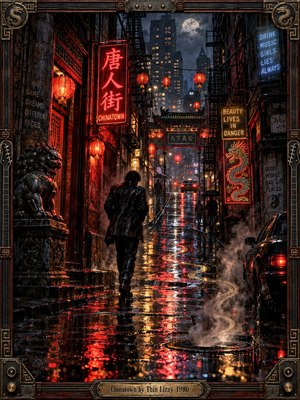 A lone figure walks through a rain-soaked Chinatown street, where crimson lanterns and neon signs shimmer across dark pavement. Steam curls beside a guardian lion as shadowy buildings rise toward a clouded moon. This richly detailed digital noir scene glows with red, gold, and blue beneath an ornate guitar-accented frame.