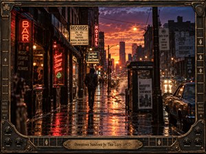 A solitary figure walks through a rain-soaked 1970s city street beneath glowing neon signs and a fiery orange-purple sunset. Wet pavement mirrors amber streetlights, vintage cars, and bustling storefronts. Cinematic photographic realism captures urban nostalgia and quiet melancholy, enclosed within an ornate bronze frame featuring guitar details and engraved lettering.