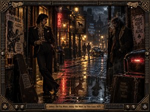 Two wary men face each other across a rain-slick 1970s street, one sharply dressed, the other shrouded in cigarette smoke. Amber pub lights and crimson neon shimmer across puddles beneath a brooding midnight sky. Cinematic noir photography captures gritty tension, surrounded by ornate Celtic metalwork, bass strings, and an engraved brass title plate.