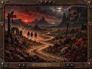 Three shadowy riders follow a winding desert trail beneath a fiery crimson sunset and storm-dark sky. Skull-shaped cliffs, ruined structures, a watchful raven, and scarlet poppies create an ominous atmosphere. Rich oil textures blend dusty ochres, charcoal shadows, and dramatic lighting, surrounded by an ornate, weathered metal-and-wood frame.