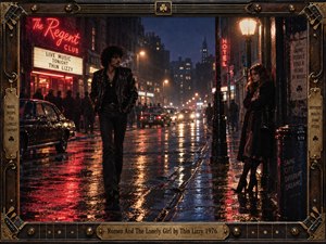 A solitary rocker and a wistful young woman stand apart on a rain-soaked 1970s city street. Crimson neon, amber streetlights, and deep blue shadows illuminate glistening pavement. Cinematic photography captures romantic longing and urban loneliness, framed by weathered brass, guitar strings, vintage hardware, and an engraved title plate.