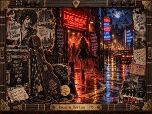 A glamorous woman strides toward a glowing nightclub on a rain-soaked 1970s street. Crimson and blue neon illuminate vintage cars, torn concert posters, guitar cases, and vinyl records. Richly layered mixed-media textures evoke restless rock energy and romance, enclosed by an ornate brass and wood frame with musical detailing.
