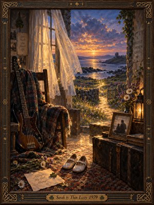A nostalgic oil painting captures a cozy coastal cottage overlooking a golden sunset and violet sea. A resting bass guitar, tiny white shoes, wildflowers, and treasured photographs evoke tender family memories. Warm lantern light illuminates rustic furnishings, while Celtic knotwork and an engraved brass title plate frame the heartfelt scene.