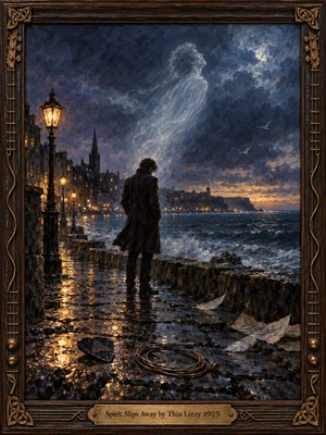 A solitary man stands on rain-slick harbor stones beneath amber streetlamps as a luminous spirit rises into a stormy indigo sky. Distant coastal buildings and restless waves deepen the melancholy. Rich oil-paint textures, moonlit clouds, scattered feathers, and an ornate Celtic guitar-inspired frame surround this haunting scene of farewell.