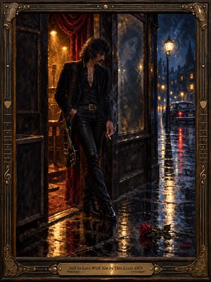 A solitary guitarist leans in a club doorway as rain glistens across a midnight street. Warm amber light contrasts with deep blue shadows, while a womans fading reflection haunts the glass. A fallen red rose suggests enduring heartbreak. Rich oil-painted textures and an ornate brass-trimmed frame heighten the melancholy.