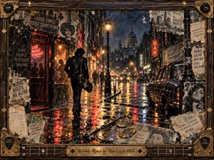 A lone musician walks through a rain-soaked 1970s city, where amber streetlamps and crimson neon shimmer across dark pavement. Torn posters, scattered coins, and vintage cars suggest restless ambition and fleeting wealth. Richly layered collage textures create gritty nostalgia, enclosed by an ornate wood-and-brass frame with guitar details.