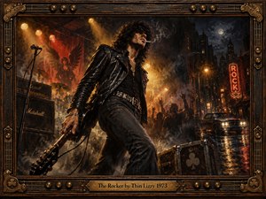 A swaggering leather-clad rocker strides through a smoky 1970s nightclub scene, guitar in hand. Fiery amber spotlights illuminate amplifiers and cheering silhouettes, while neon signs reflect across rain-soaked streets. Rich oil-painted textures, dramatic shadows, and rebellious energy dominate, enclosed within an ornate guitar-inspired bronze and wood frame.