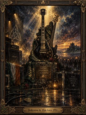 A towering black guitar and bass form a solemn memorial beneath golden light and stormy skies. Emerald Celtic fabric, red roses, vintage amplifiers, and glowing lanterns surround the stone pedestal. A distant crowd and coastal castle enhance the nostalgic atmosphere. Rich oil textures and ornate bronze framing complete the tribute.