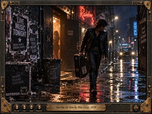 A lone leather-clad rocker carries a guitar case through a rain-soaked city street, leaving a glowing club doorway behind. Red neon and blue streetlights shimmer across wet pavement beneath drifting smoke. Torn posters, distant headlights, and an ornate brass guitar-themed frame enhance the gritty, rebellious atmosphere of this cinematic 1970s photograph.