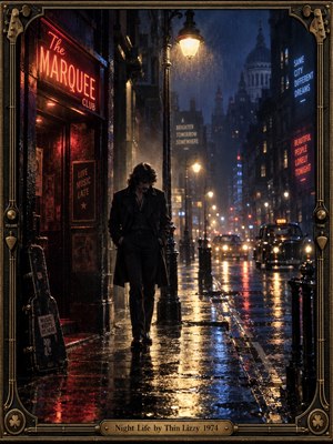 A solitary musician wanders a rain-soaked 1970s city street beneath glowing amber lamps. Crimson neon illuminates a shadowy nightclub, while vintage taxis shimmer across reflective pavement. Deep midnight blues, mist, and cinematic photographic textures evoke loneliness and nostalgia. An ornate brass frame with musical details surrounds the haunting scene.