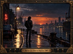 A lone leather-clad figure watches the orange sun sink beyond a misty industrial harbor. Wet pavement mirrors amber streetlights, while cranes, a vintage car, and distant towers deepen the lonely atmosphere. Cinematic film grain and blue-black shadows create brooding nostalgia, enclosed by an ornate bronze guitar-inspired frame with an engraved title plate.