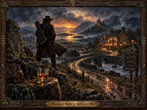 A lone wanderer overlooks a misty Irish valley at sunset, where a winding road leads toward a glowing tavern and distant castle. Whiskey, scattered coins, and Celtic carvings suggest adventure and betrayal. Rich oil textures, stormy blue shadows, amber reflections, and an ornate wooden frame create a dramatic, nostalgic atmosphere.