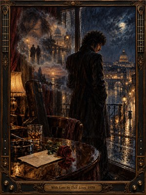 A solitary musician stands beside a rain-streaked window overlooking a moonlit European city. Ghostly romantic memories dissolve into mist above a crimson rose, farewell letter, and whiskey glass. Rich indigo shadows contrast with warm amber reflections. Expressive oil brushwork captures heartbreak and nostalgia within an ornate bronze and guitar-inspired frame.