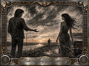 A windswept couple stands apart beside a lonely highway at dusk, connected by a loosely curling guitar string that symbolizes love without restraint. Deep charcoal textures, stormy skies, and a faint golden sunset create a reflective Southern rock mood. An ornate chrome-and-gold musical frame surrounds the scene with an engraved title plate.