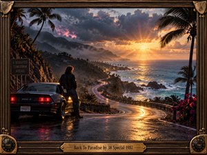 A lone traveler beside a dark sports car overlooks a winding coastal road glowing beneath a dramatic golden sunset. Storm clouds, palms, turquoise water, distant mountains, and wet pavement create a hopeful, cinematic 1980s atmosphere. An ornate wood and brass guitar-inspired frame surrounds the richly detailed photographic scene.