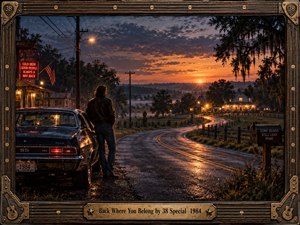 A lone man stands beside a dark classic car on a rain-slick country road winding toward a warmly lit farmhouse at sunset. Amber and blue twilight, misty fields, telephone poles, and glowing roadside signs create a reflective homecoming mood. Cinematic photographic styling, rich shadows, and a guitar-themed frame complete the nostalgic scene.