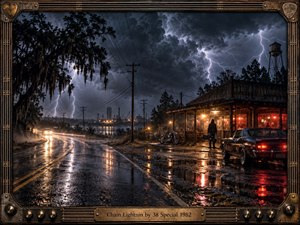 A stormy Southern highway curves past a weathered roadhouse as lightning fractures dark clouds above wet pavement. Warm amber and red lights reflect in puddles, contrasting with cold blue flashes. A lone musician, vintage car, motorcycle, power lines, and industrial silhouettes create a tense, cinematic 1980s Southern rock atmosphere.