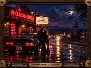 A rain-slicked 1980s roadhouse glows with red neon beneath a stormy indigo sky as a couple leans beside a dark muscle car. Wet pavement mirrors headlights and marquee lights along a winding road. Cinematic photography, warm amber highlights, deep shadows, guitar-themed framing, and a brass title plate create romantic southern rock nostalgia.