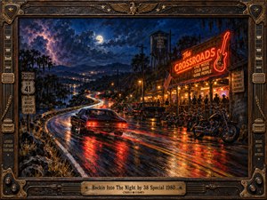 A dark muscle car races along a rain-slick Southern highway toward a glowing roadside roadhouse, surrounded by motorcycles, neon signs, storm clouds, moonlight, and distant valley lights. Rich blues, fiery reds, and amber reflections create a gritty, energetic atmosphere in a detailed painterly style framed with weathered musical hardware.