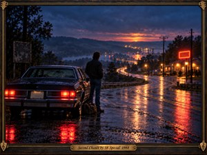 A lone man stands beside a rain-soaked late-1980s car overlooking a winding highway, distant town lights, and a glowing sunset. Cool blues, charcoal clouds, red taillights, and warm amber reflections create a reflective, hopeful mood. Cinematic photographic styling, wet pavement, misty hills, and a guitar-themed frame reinforce nostalgic emotional tension.