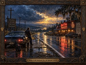 A lone traveler stands beside a dark muscle car on a rain-soaked southern highway, facing a glowing roadhouse beneath storm clouds breaking into golden light. Deep blues, amber neon, wet reflections, distant headlights, and rugged oil-paint textures create a cinematic mood of resolve, solitude, and hard-earned belief.