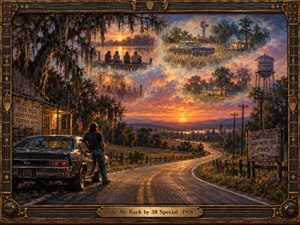 A solitary man beside a dark muscle car gazes down a winding country road toward a glowing Southern sunset. Warm amber, rose, and blue light blends nostalgic memory scenes into dramatic clouds above farmhouses, friends, and fields. Rich oil-paint textures and an ornate guitar-themed wooden frame deepen the wistful mood.