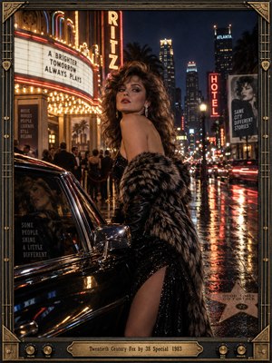 A glamorous woman in a black sequined dress and fur wrap poses beside a polished car on a rain-slicked neon street. Theater lights, city towers, reflections, and glowing signs create a seductive 1980s nightlife mood. Rich blacks, amber gold, red neon, cinematic lighting, and an ornate brass frame complete the scene.