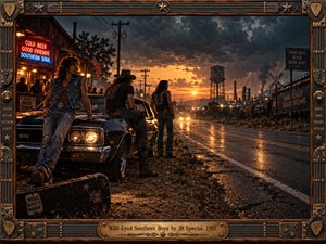 A gritty Southern roadside at stormy sunset frames three rugged young men beside a black muscle car, glowing tavern lights, rail lines, and distant industry. Warm amber reflections cut through deep blue-gray clouds and wet pavement, while vintage film texture, weathered details, and an ornate guitar-inspired frame evoke restless freedom and Southern rock defiance.