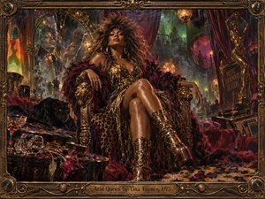 A commanding woman lounges on an ornate golden throne inside a smoky 1970s cabaret, surrounded by fractured mirrors, velvet drapery, a black panther, wilted roses, and glowing lamps. Rich gold, crimson, violet, and acid green tones create a dangerous, seductive mood in a highly detailed oil-painted style.