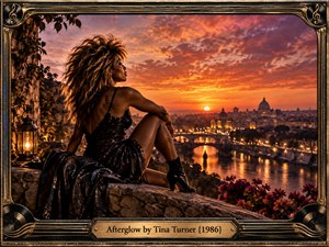 A glamorous woman in a shimmering black dress sits above a glowing riverside city at sunset, framed by ornate bronze musical detailing. Fiery orange and violet skies reflect across the water, while lantern light and distant architecture create a wistful, cinematic mood of solitude, memory, elegance, and lingering emotional warmth.