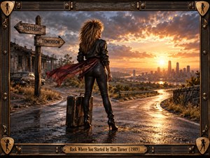 A powerful woman in black leather stands at a rain-slick crossroads beside a worn suitcase, facing a glowing city beneath dramatic golden clouds. Weathered signs point toward yesterday and tomorrow, while a vintage car and crumbling building anchor the past. Ornate musical framing heightens the cinematic, defiant mood.