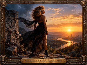 A windswept woman in a flowing black dress stands on a rocky overlook above a glowing river city at sunrise. Broken chains, storm clouds, and warm golden light suggest release after hardship. The cinematic painting balances dark bronze, charcoal, amber, and orange tones within an ornate music-inspired metallic frame.