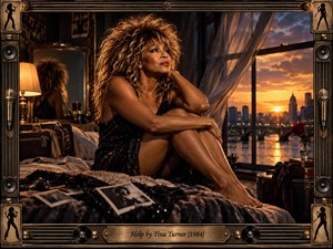 A solitary Tina Turner rests on a rumpled bed beside a glowing city window, her reflective pose balancing weariness with resilience. Warm amber light contrasts with deep black fabric, bronze framing, and sunset gold. Cinematic realism, vintage photographs, luggage, microphones, roses, and ornate musical details create an intimate, emotionally charged atmosphere.