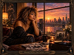 A wistful woman sits beside a rain-streaked city window at sunset, surrounded by photographs, flowers, candlelight, and a spinning record player. Warm amber and copper tones contrast with the cool skyline beyond, creating a reflective, nostalgic mood. The richly detailed painterly composition is enclosed by an ornate musical frame.