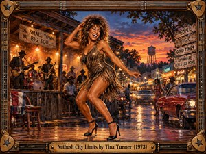 A radiant Tina Turner figure dances in a gold fringed dress on a wet small-town street at sunset, backed by a lively band, classic cars, glowing storefronts, and a distant water tower. Warm amber light, deep blue skies, reflective pavement, and vintage painted detail create joyful, soulful, nostalgic energy.