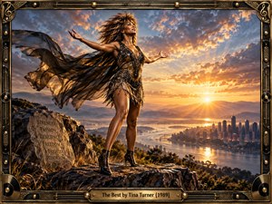 A triumphant woman in a glittering black and gold dress stands on a rocky summit above a glowing river city at sunset. Wind lifts her hair and flowing cape as warm golden light breaks through dramatic clouds. An ornate music-themed frame, carved stone, and vintage poster styling reinforce strength, freedom, and celebration.