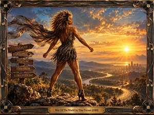 A windblown woman in a shimmering black stage dress stands on a rocky overlook above a glowing city and winding highway at sunset. Golden light, deep blue mountains, and dramatic clouds create a triumphant, reflective mood. Rustic direction signs, musical frame details, and a bronze title plate enrich the cinematic painted composition.