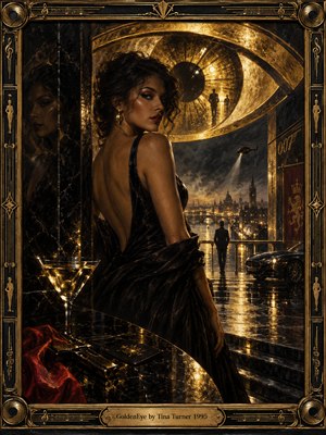 A mysterious woman in a black gown glances over her shoulder beneath an enormous golden eye. Beyond her, a rain-soaked city glows with distant figures, a helicopter, and a sleek car. Dramatic amber lighting, deep shadows, and ornate musical framing give the richly textured oil painting glamorous cinematic tension.