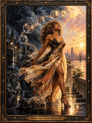 A powerful woman in a flowing golden dress strides from a rain-soaked city toward a radiant sunrise. Storm clouds and shattered reflections fade behind her as glowing memory bubbles rise overhead. Dramatic oil brushwork contrasts charcoal blues with warm amber light, framed by ornate bronze detailing and an engraved title plate.