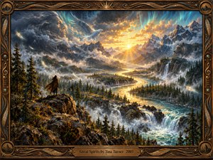A lone figure overlooks a majestic mountain valley where golden sunlight illuminates winding rivers, waterfalls, and evergreen forests. Ethereal ancestral faces emerge from storm clouds and rocky cliffs as an eagle soars overhead. Rich blues, greens, and amber tones create a spiritual atmosphere, enclosed within an ornate bronze and carved wooden frame.