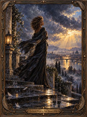 A solitary woman in a flowing black gown overlooks a misty riverside city beneath dramatic storm clouds pierced by golden sunlight. White feathers drift across rain-soaked stone steps, symbolizing hope and renewal. Rich indigo, bronze, and amber tones illuminate this atmospheric oil painting, enclosed within an ornate feathered bronze frame.